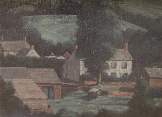 Frank Edward Burnham Hughes NEAC (1905-1987), oil, Valley village, 22 x 28cm